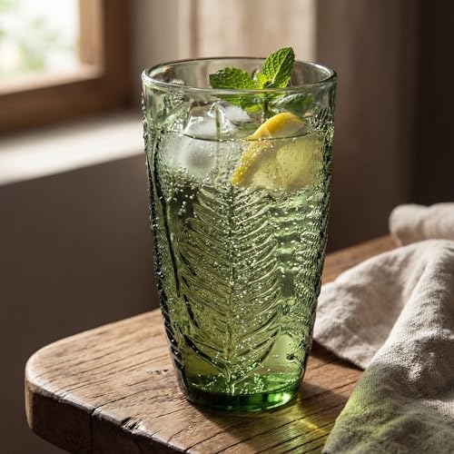 Green Drinking Glasses Set of 4, 16 oz Glass Cups, Vintage Fern Glassware