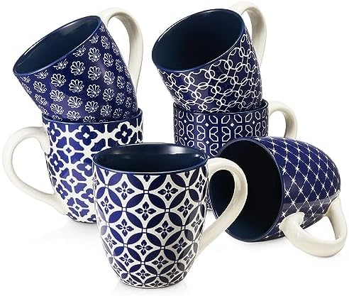 DOWAN Coffee Mugs Set of 6, 16 oz Large Porcelain Coffee Cups with Handle for Coffee Tea and Cocoa, Ceramic Coffee Mug for Women Men, Housewarming Wedding Gift, Vintage Blue