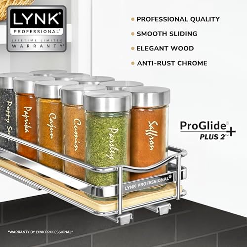LYNK PROFESSIONAL® Élite™ Pull Out Spice Organization for Cabinets - 4-3/8 inch Wide – Spice Rack for Inside Cabinets – Wood/Chrome - Sliding Spice Rack Organizer for cabinet – Spice Rack - 1 Tier