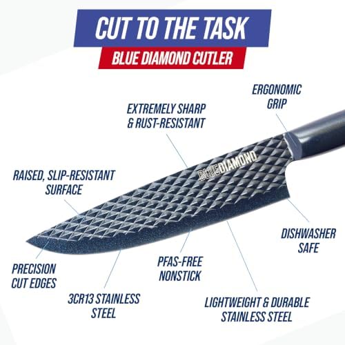 Blue Diamond Sharp Stone 14 Piece Knife Block Set, PFAS-Free Nonstick Diamond Textured Stainless Steel Blades, Rust Resistant Kitchen Cutlery, Chef & Steak Knives, Dishwasher Safe, Navy