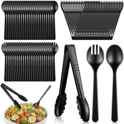 FoldTier 72 Pcs Disposable Plastic Serving Utensils Set Black Serving Spoons Forks Tongs, Disposable Utensils for Party Weddings Birthday Dinner Buffets Banquets