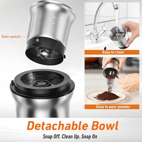 Secura Electric Coffee and Spice Grinder, 2 Removable Bowls, Stainless (Pack of 2)