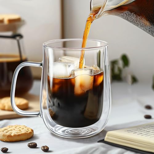Double Walled Glass Coffee Mugs 16 OZ, Borosilicate Glass Coffee Cups Set of 4 with Spoons, Insulated Clear Coffee Mug for Hot Beverages, Cappuccino, Latte, Tea Bag.