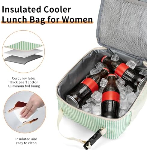 Lunch Box for Women Men Adult Insulated Lunch Bag Women Men Small Reusable Lunchbox for Work Picnic Travel (Green Stripes)