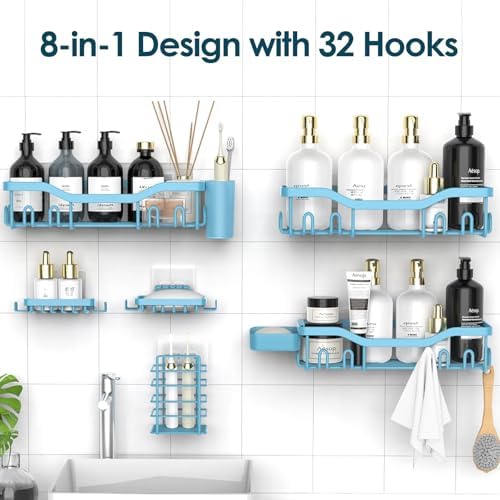 NESOMI Shower Caddy Adhesive Shower Organizer 8-Pack, Rustproof Stainless Steel Bathroom Shelves, Large Capacity No-Drill Rack Storage Accessories with Soap Dish Toothbrush Holder Hooks