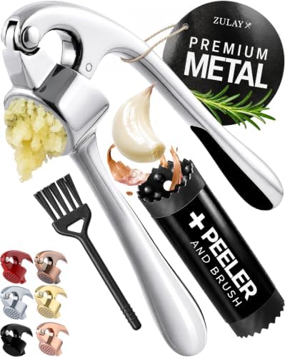 Zulay Kitchen Premium Garlic Press Set - Rust Proof Professional Garlic Mincer Tool - Easy-Squeeze, Easy-Clean with Soft, Ergonomic Handle - Silicone Garlic Peeler & Brush (Chrome)