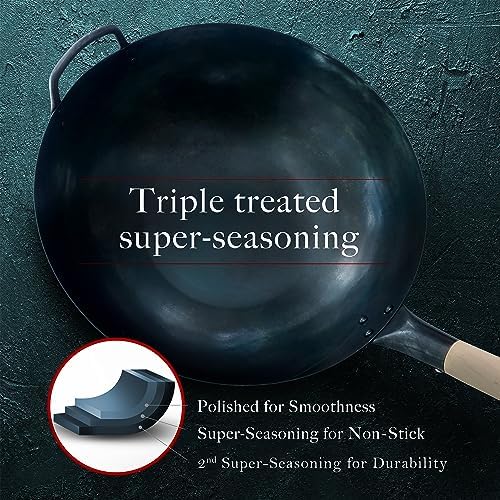 Large Flat Bottom 16-inch Traditional Carbon Steel Wok Pan - Authentic Hand Hammered Woks and Stir Fry Pans - Pow Wok with no chemical coating