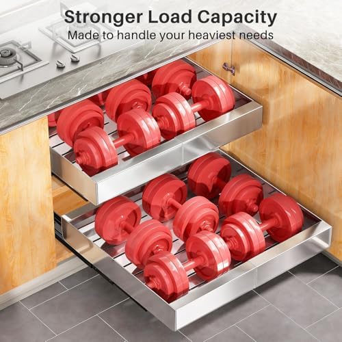 Pull out Cabinet Organizer, Stainless Steel Expandable(12"-20") Heavy Duty Slide out Drawers Fixed with Adhesive Nano Film for Pots, Roll out Shelf Storage for Kitchen Base(Silver-2pcs)(3 Rails)