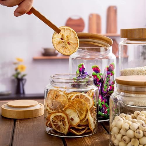 3 Pack 900 ml / 30 oz clear cute glass storage canister holder with airtight bamboo lid, modern decorative small container jar for coffee, spice, candy, salt, cookie, condiment, pepper, sugar