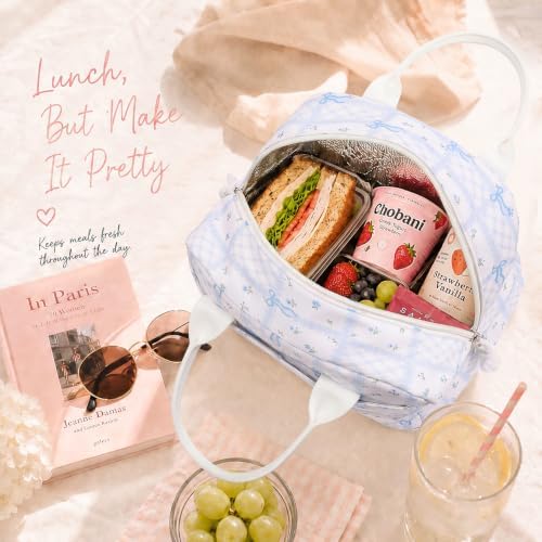 LOVELYWIND Lunch Box for Women, Insulated Lunch Bag, Blue Checkered Tote