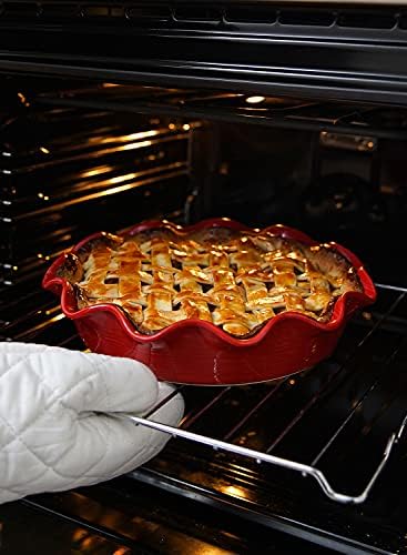LE TAUCI Ceramic Pie Pans for Baking, 11 Inches Deep Dish Pie Plate for Apple Pie, 48 Ounce Baking Dish with Ruffled Edge, Set of 2, Red