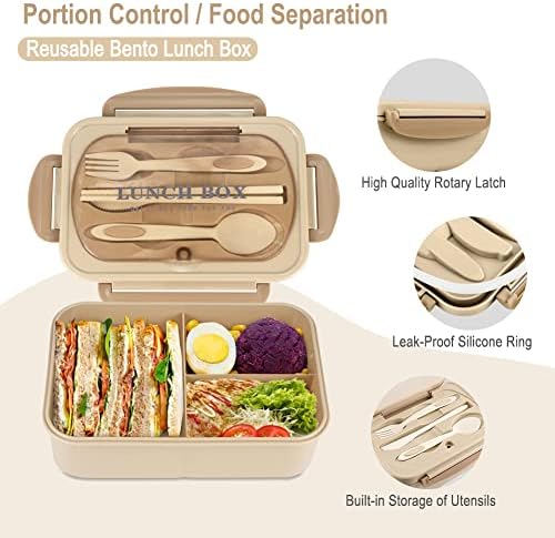 Bento Box for Adult, 1200 ML Lunch Containers, LeakProof Lunch Box with Utensils, BPA Free, 3 Compartment Bento Box Microwave Safe, Khaki