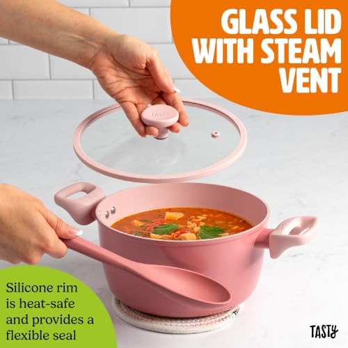 Tasty Ceramic Stock Pot with Glass Lid, Silicone Spoon, Healthy Nonstick Dutch Oven, Soup Pot, Casserole, Made without PFAS, PFOA, PFOS and PTFE, Dishwasher Safe, 5-Quart, 3-Piece Set, Pink