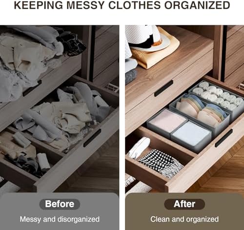 DIMJ Drawer Organizers Clothes, Set of 4 Dresser Organizer Bins, Fabric Closet Organizers and Storage, Shallow Drawer Dividers for Nursery, Clothing, Baby Clothes, Socks, Underwears, Tie (Grey)
