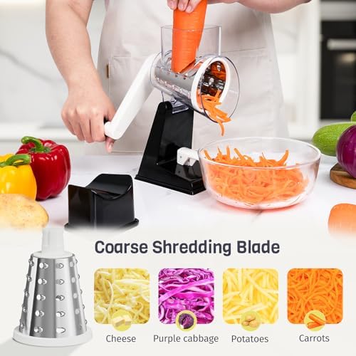 Rotary Cheese Grater, Upgraded Hand Crank Cheese Shredder with 3 Interchangeable Blades, Multi-purpose Kitchen Slicer Shredder for Cheese, Vegetable, Fruit, Nuts, Easy to Use & Clean, Black