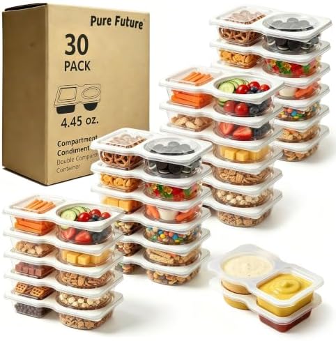 Pure Future 30-Pack Reusable Snack Containers with Lids, 2-Compartment Snackle Box Container for Meal Prep, Portion Control Snack Pack for Office, Travel & Gym, Microwave Safe