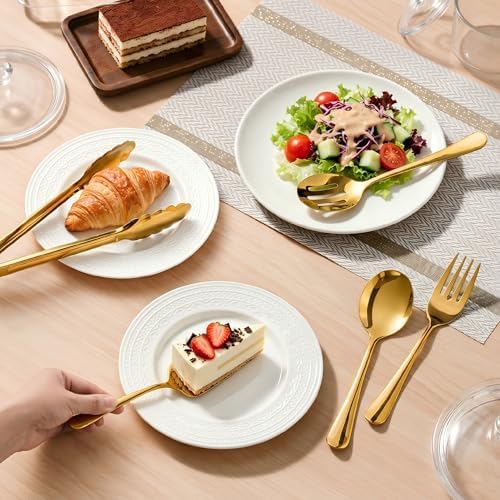 11PCS Stainless Steel Gold Serving Utensils, 8.7''Serving Spoons,8.7''Slotted Spoons, Serving Fork, 9'' Serving Tongs,Cake Server,Hostess Serving Set for Chafing Dish Buffet Catering Parties