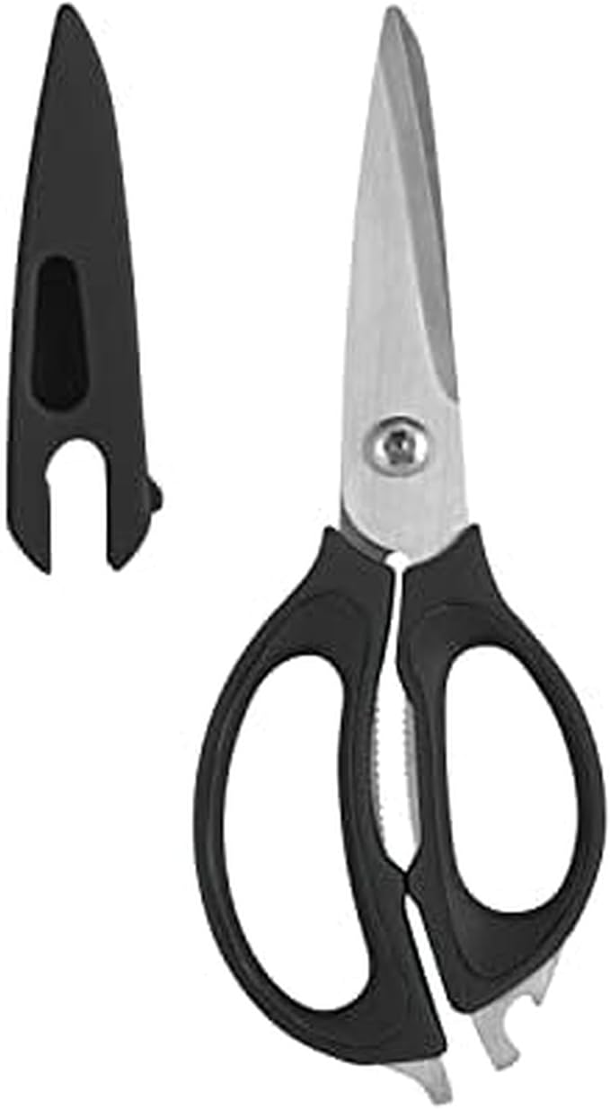 Farberware 4-in-1 Kitchen Scissors with Black Handle, High-Carbon Stainless Steel Shears with Bottle Opener, Jar Opener and Screwdriver, Kitchen Shears for Food Prep
