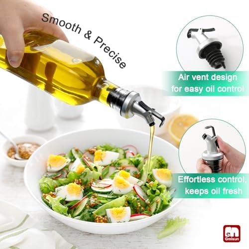gmisun Olive Oil Dispenser Bottle for Kitchen, 4 Pack 17 Fl Oz Glass Oil Dispensers Bottles, Clear Cooking Vegetable Oil Dispenser Container Cruet Set with Plastic Pourer Spout, Funnel and Labels