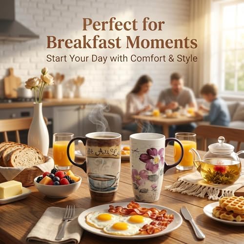 Topadorn Set of 2 Ceramic Travel Mugs with Lids, 17oz Floral Coffee Mug Set