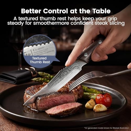 SYOKAMI 2026 Upgrade Steak Knives Set of 6 with Acacia Wood Foldable Block