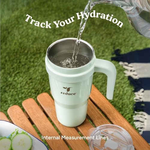 REDUCE 24 oz Stainless Steel Tumbler with Handle - Dual-Wall Vacuum Insulated Travel Mug, Sweat-Proof Lid & Reusable Straw - Keeps Drinks Cold for 24 Hrs, Fits Cupholders, Dishwasher Safe-Pink Cotton