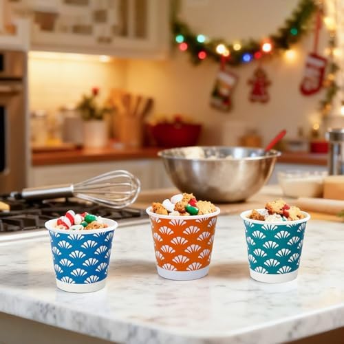 JollyPack 1200 Pack 3 oz Disposable Bathroom Paper Cups, Small Mouthwash Cups in Orange, Blue, and Green, Great for Candy, Biscuits, Bathroom Use, Parties, Picnics, and Travel
