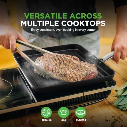 NutriChef 11’’ Nonstick Griddle & Grill Pan – Dishwasher Safe, PFOA-Free, Even Heat Distribution, Compatible with Gas, Ceramic, and Halogen Cooktops, Sturdy Handles for Easy Grip, Hard-Anodized Pan