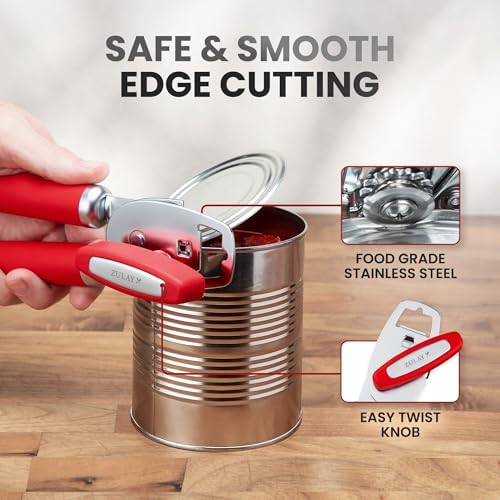 Zulay Kitchen Manual Can Opener Heavy Duty Patented Stainless Steel, Ruby