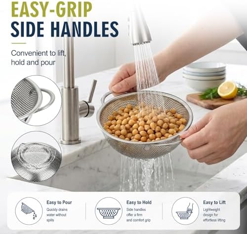 Palksky Small Colander Set of 2, 800 mL / 0.85 Qt Stainless Steel Mini Colanders with Riveted Handles, Footed Base & Micro-Perforations, Berry Wash Bowl for Berries, Fruits, Vegetables & Pasta