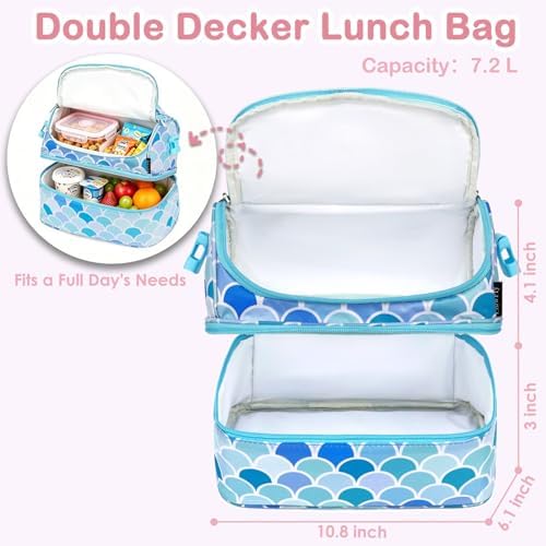 FlowFly Double Decker Cooler Insulated Lunch Bag Large Tote for Boys, Girls, Men, Women, With Adjustable Strap (Mermaid)