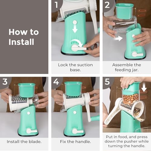 X Home 5‑in‑1 Rotary Cheese Grater for Kitchen, Blue | Upgraded Hand Crank; Stronger Suction Base, Multifunctional Drum Blades; for Cheese, Vegetables, Nuts; Easy to Use and Clean