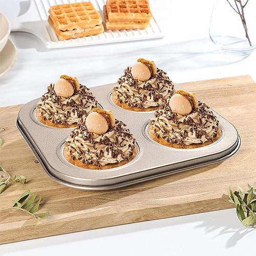 4-Hole Muffin Pan, Bakeware Non-stick Cupcake Baking Pan Mini Pie Pans, Heavy Duty Carbon Steel Muffin Tray Standard Baking Mold Pan for Oven Bakings (COLOR:Gold, 1pc)
