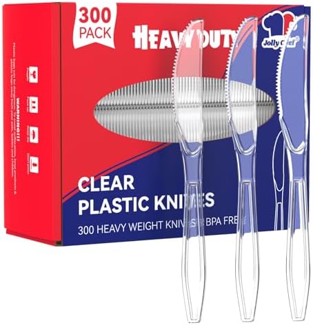 JOLLY CHEF Clear Plastic Knives 7.7 Inch 300 Count Disposable Heavy Duty
