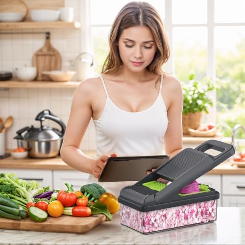12-in-1 Vegetable Chopper 7 Blades, Veggie Cutter with Handle, Green/Grey