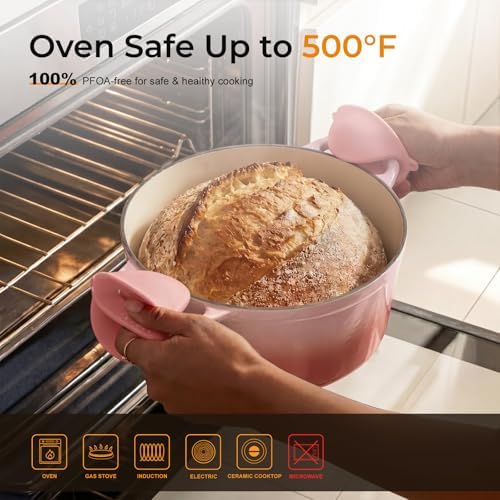 Parmedu 5.5QT Enameled Cast Iron Dutch Oven for Sourdough Bread Pink