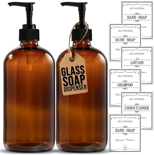 Sunrise Premium Amber Glass Soap Dispenser with Pump, 2 Pack