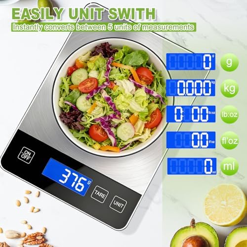 Digital Kitchen Scale, 33lb Food Scale Precisely Measures Grams and Ounces for Baking, Cooking, and Meal Prep, Rechargeable 304 Stainless Steel with LCD Display, Batteries and USB Charging Included