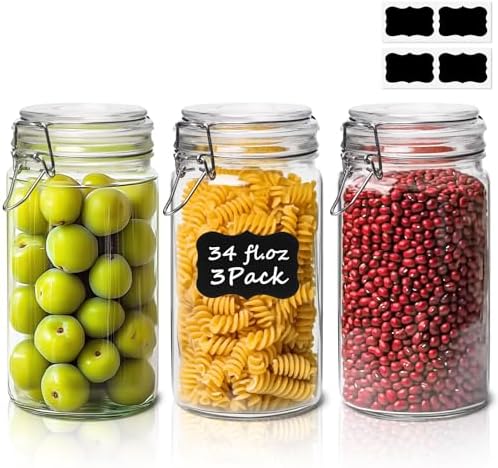 ComSaf Glass Pantry Jars with Airtight Lids 34 oz 3 Pack Coffee Canisters