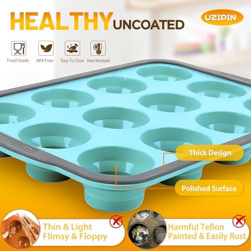Silicone Muffin Pan, 12 Cups Non-Stick Cupcake Pan, Food-Grade BPA-Free Muffin Tin, Oven-Safe 450 °F, Reinforced Steel Frame, Easy-Grab Handles, Quick-Release 2.3" Baking Molds for Mini Treats