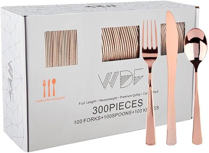 WDF 300 Pieces Rose Gold Plastic Silverware- Disposable Flatware Set - Heavy Duty Plastic Cutlery Includes 100 Forks, 100 Spoons, 100 Knives Perfect for Wedding, Party,Birthday