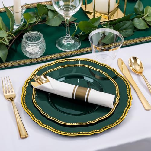 Hioasis 350 Pcs Green Gold Plastic Plates Wedding & Party