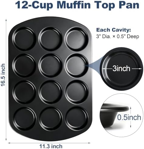 UWILLION Muffin Top Pan, 12 Cavity Nonstick Shallow Cupcake Pan, 3 Inch Carbon Steel Baking Tray, Oven Safe up to 450°F, for Muffin Tops, Eggs, Cornbread, Cookies, Whoopie Pies