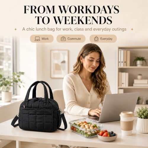 BTOOP Lunch Box for Women, Quilted Insulated Lunch Bag with Shoulder Strap