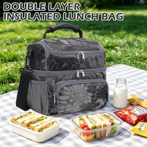 FlowFly Double Layer Cooler Insulated Lunch Bag Adult Lunch Box Large Tote Bag for Men, Women, With Adjustable Strap,Front Pocket and Dual Large Mesh Side Pockets