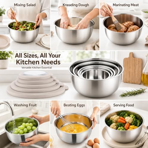 E-far Mixing Bowls with Lids Set of 5, Stainless Steel Nesting Salad Bowls