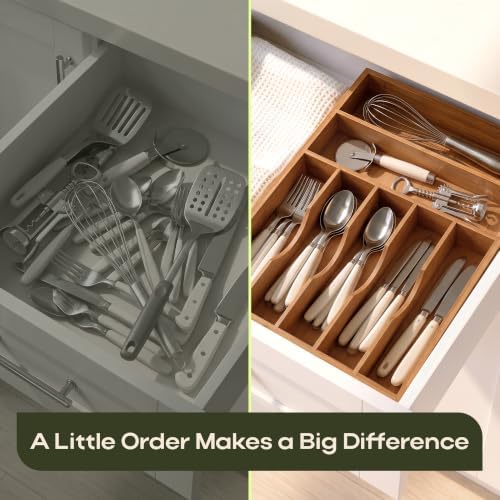 ROYAL CRAFT WOOD Luxury Bamboo Utensil Rack and Silverware Organizer, Kitchen Drawer Organizer - Utensil Holder and Cutlery Tray with Grooved Drawer Dividers for Flatware 7 Slot