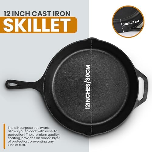 Utopia Kitchen Cast Iron Skillet 12 Inch with Lid Chefs Frying Pan Black