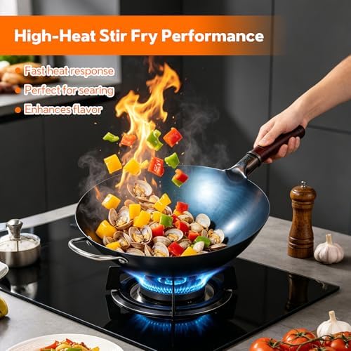 Carbon Steel Wok,14" Round Bottom Wok, Nitrided & Blued