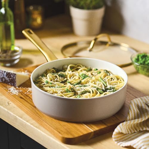 Farberware Forged Induction Ceramic Nonstick Saute Pan/Jumbo Cooker with Lid, Dishwasher Safe, Gold Color Stainless Steel Handle, 3 Quart Sauteuse Pan - Taupe